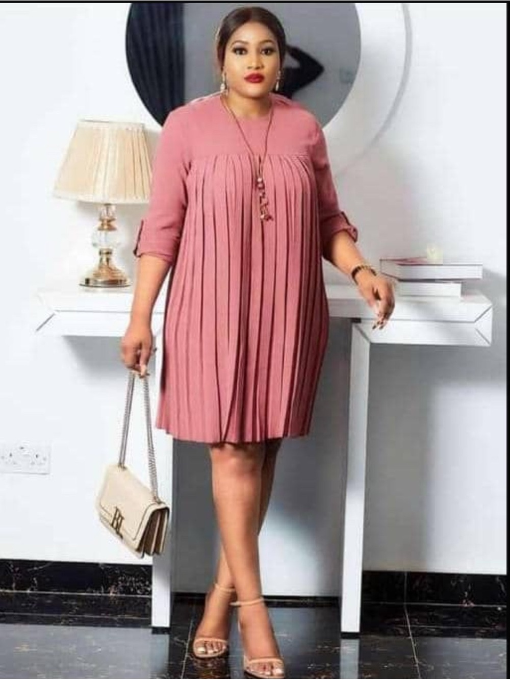 Pleated Rose Pink Women’s Dress - Elegant Shift Style available size S